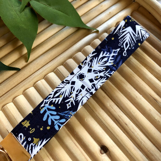 Navy/White/Gold Snowflake Print Fabric Keychain, Key Fob