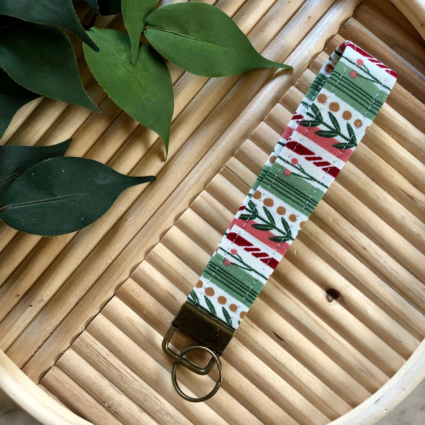 Winter Stripe Print Fabric Keychain, Key Fob