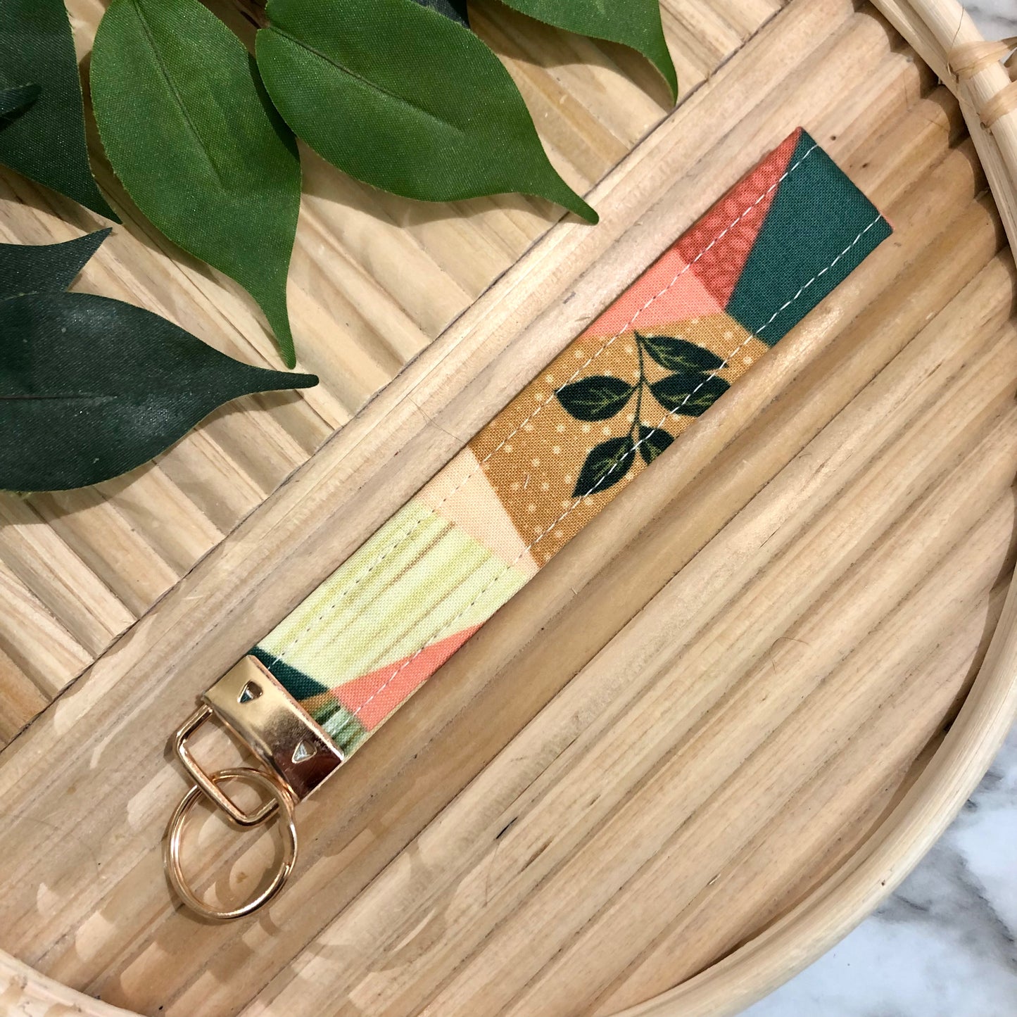 Geo Plant Print Fabric Keychain, Key Fob