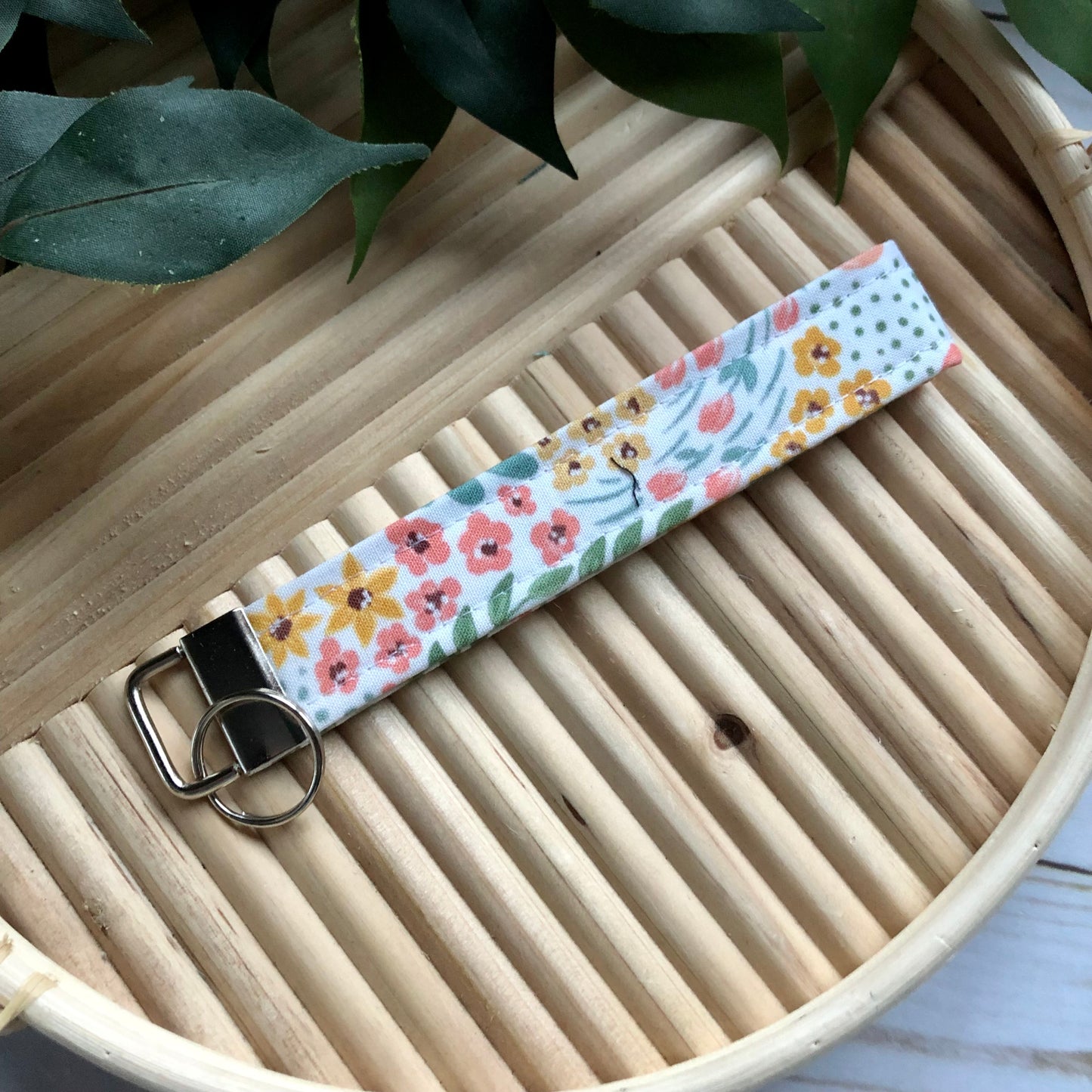 Spring Floral Print Fabric Wristlet Keychain, Key Fob