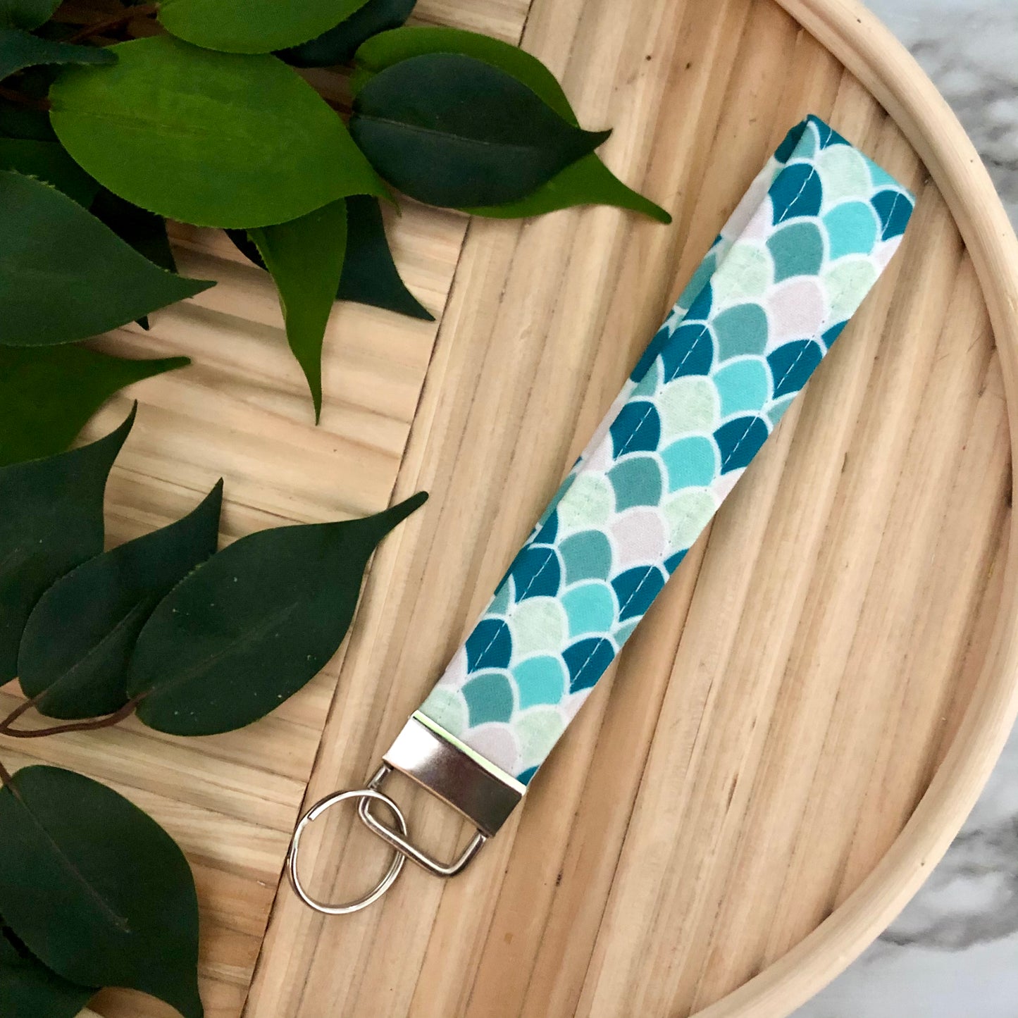 Teal Mermaid Scale Print Fabric Wristlet Keychain, Key Fob