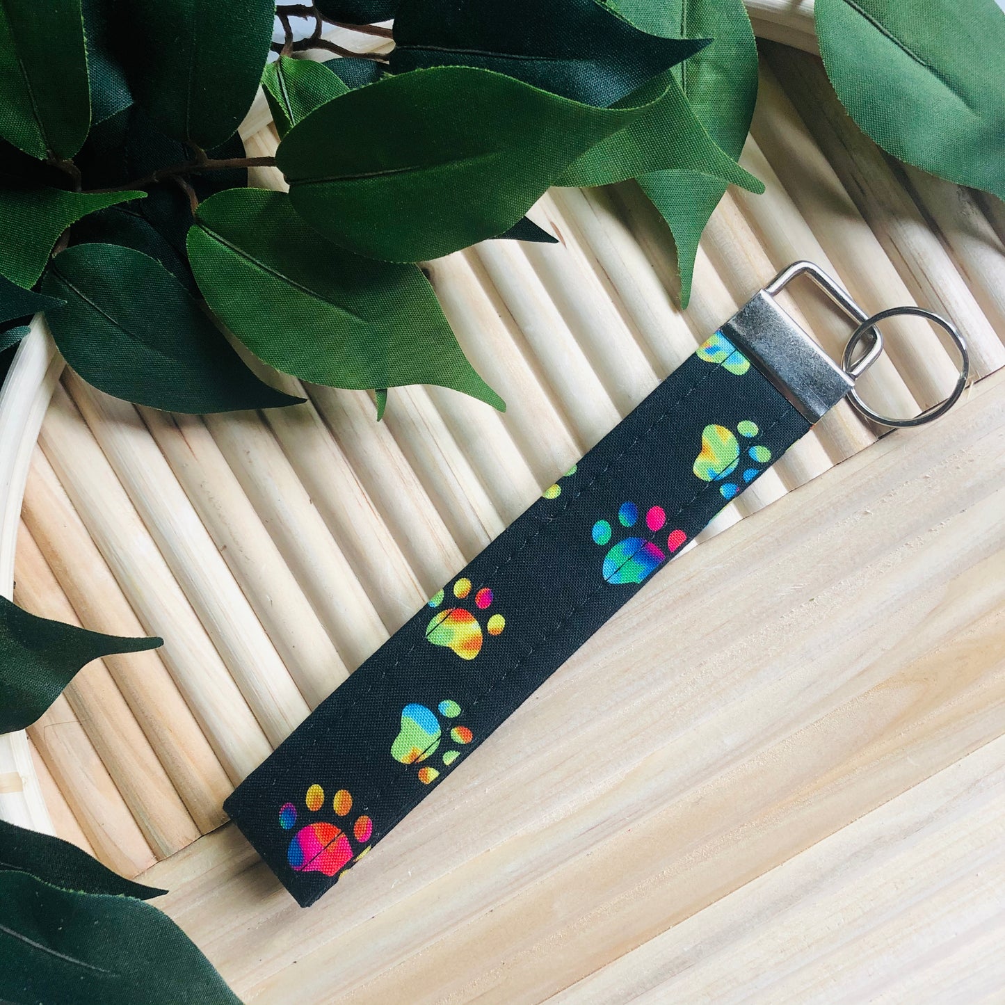 Black and Rainbow Tie Dye Paw Print Fabric Wristlet Keychain, Key Fob