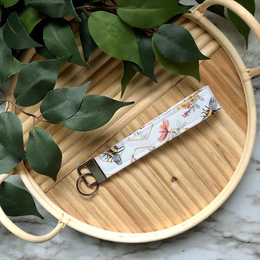 Floral Bee Print Fabric Wristlet Keychain, Key Fob