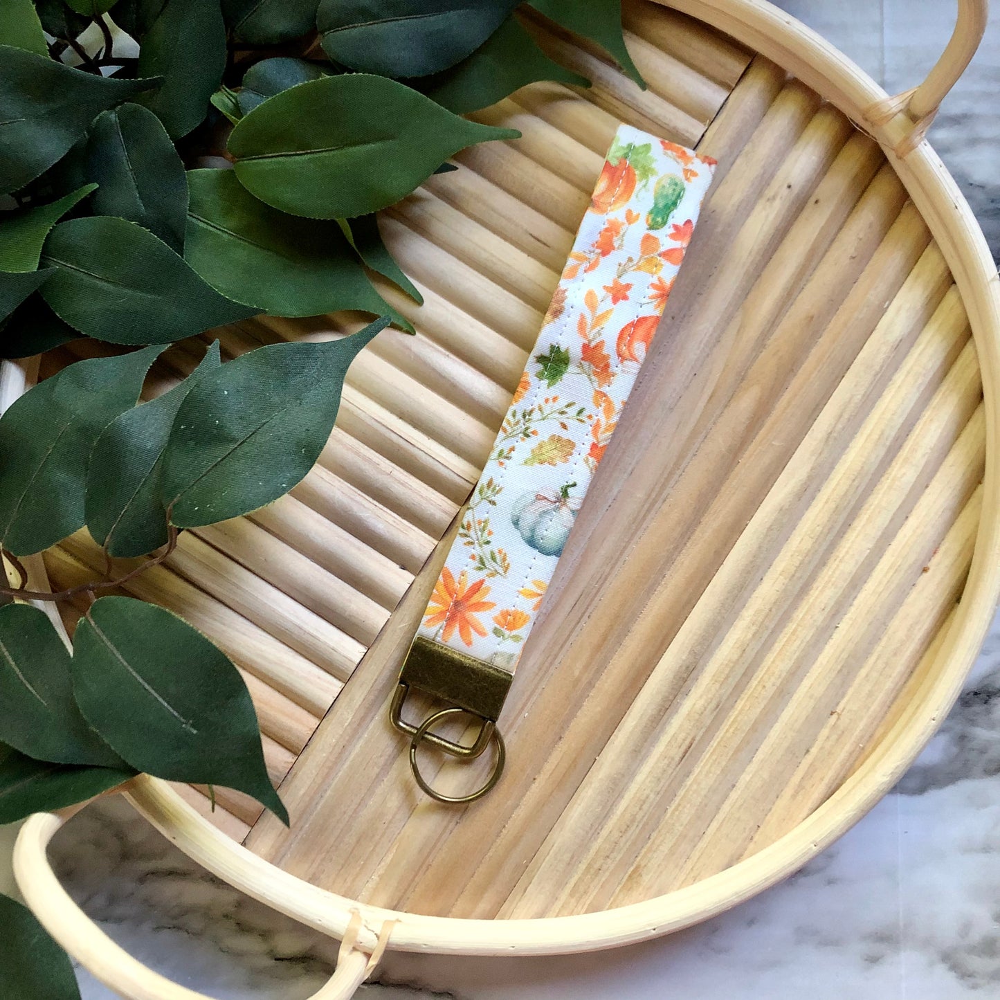 Pumpkins and Vines Print Fabric Wristlet Keychain, Key Fob