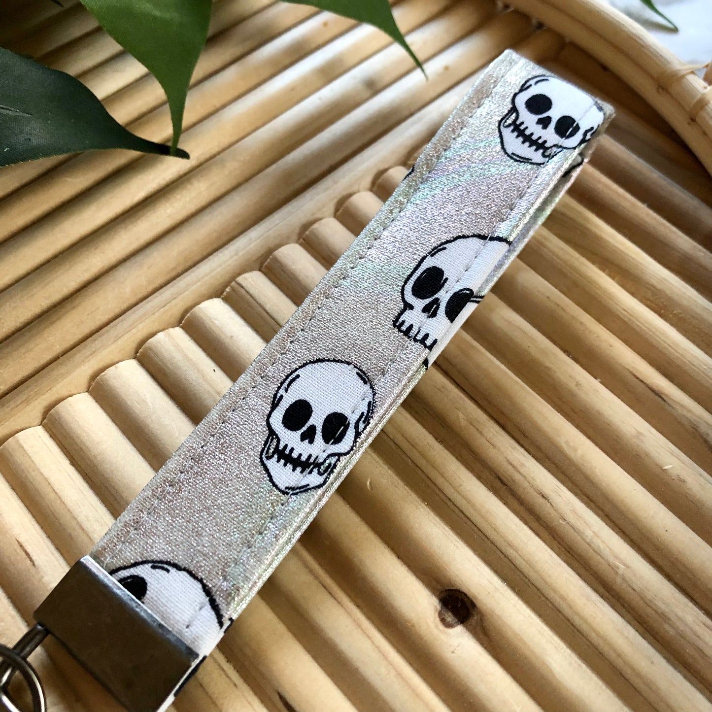 Iridescent Skull Print Fabric Keychain, Key Fob