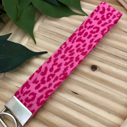 Pink Animal Print Fabric Wristlet Keychain, Key Fob