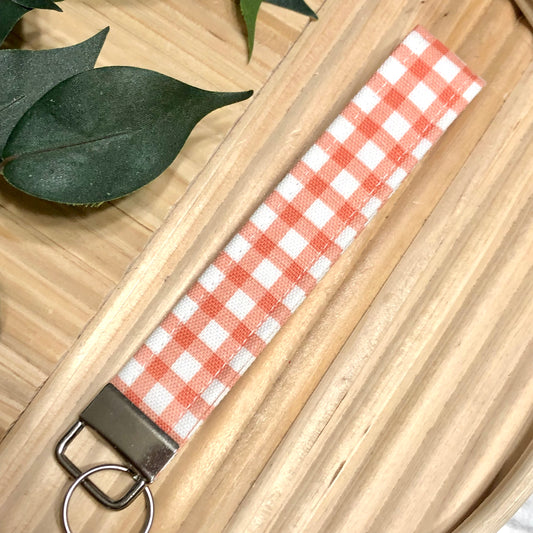 Peachy Gingham Print Fabric Wristlet Keychain, Key Fob