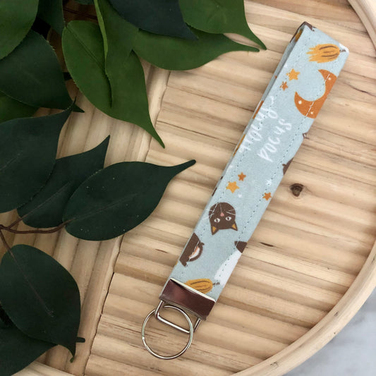 Blue Hocus Pocus Print Fabric Wristlet Keychain, Key Fob