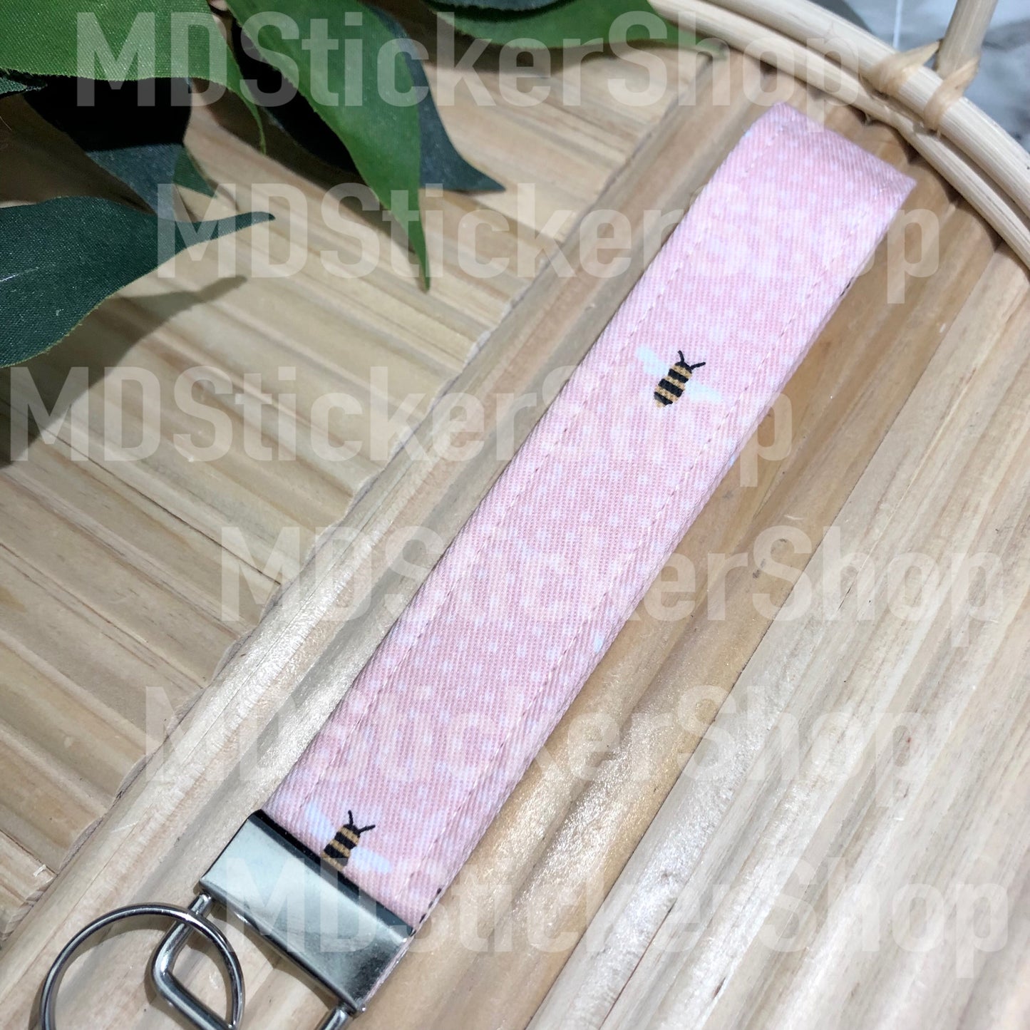 Pink Polka Dot Bee Print Fabric Keychain