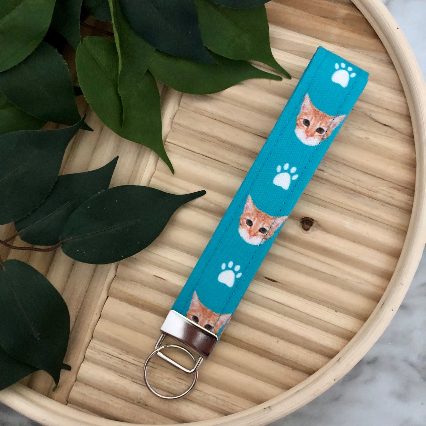 Blue Orange Tabby Print Fabric Wristlet Keychain, Key Fob