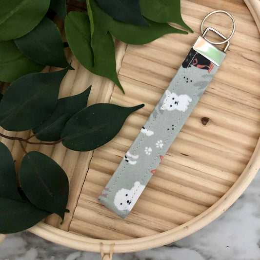 Sage Pups Print Fabric Wristlet Keychain, Key Fob