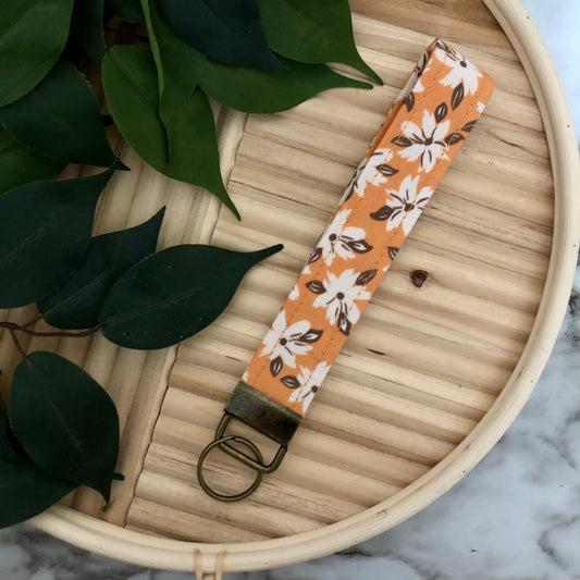 Orange Fall Floral Print Fabric Wristlet Keychain, Key Fob