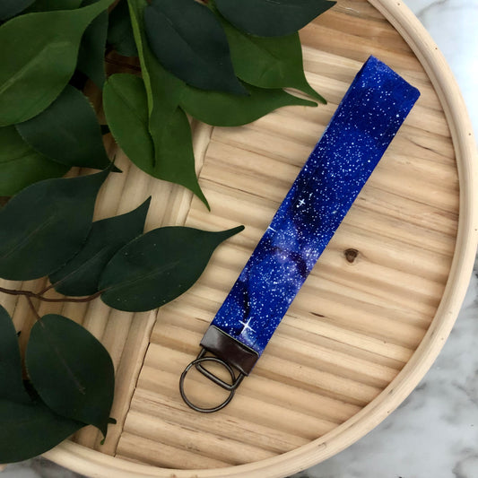 Midnight Galaxy Print Fabric Wristlet Keychain, Key Fob