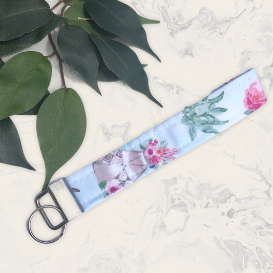 Boho Floral Cow Skull Fabric Wristlet Keychain, Key Fob