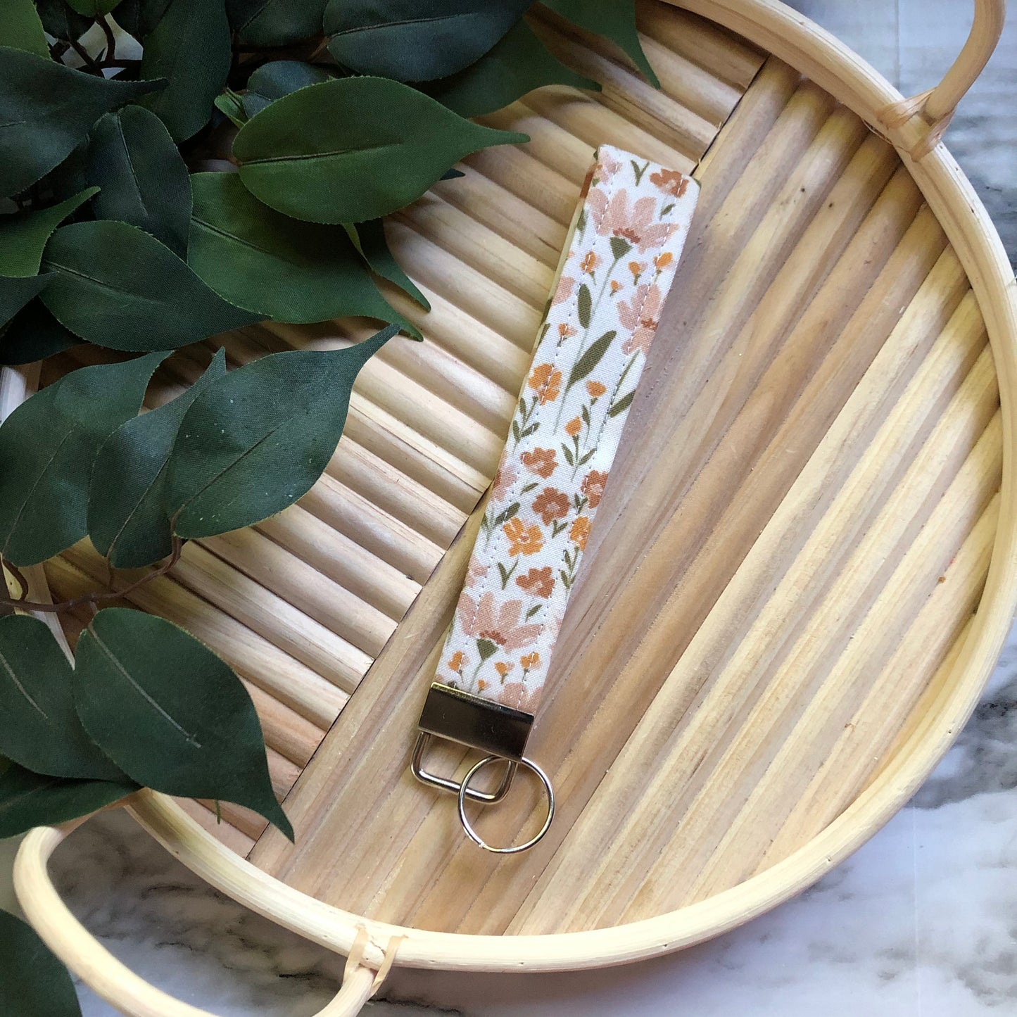 Mauve Garden Print Fabric Wristlet Keychain, Key Fob