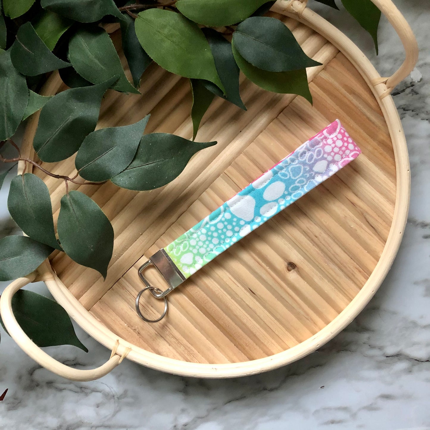 Rainbow White Paw Print Fabric Wristlet Keychain, Key Fob