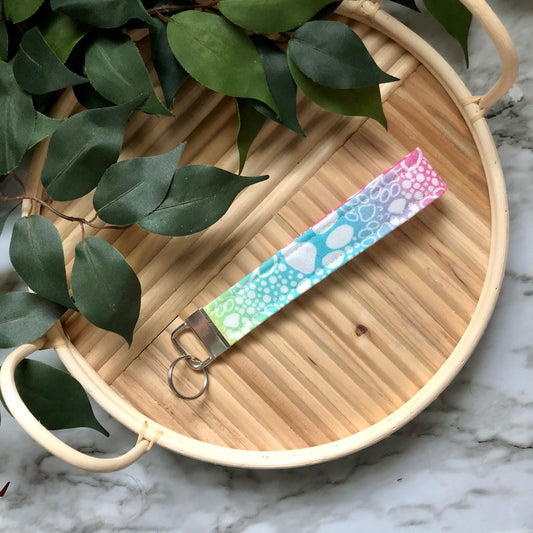 Rainbow White Paw Print Fabric Wristlet Keychain, Key Fob