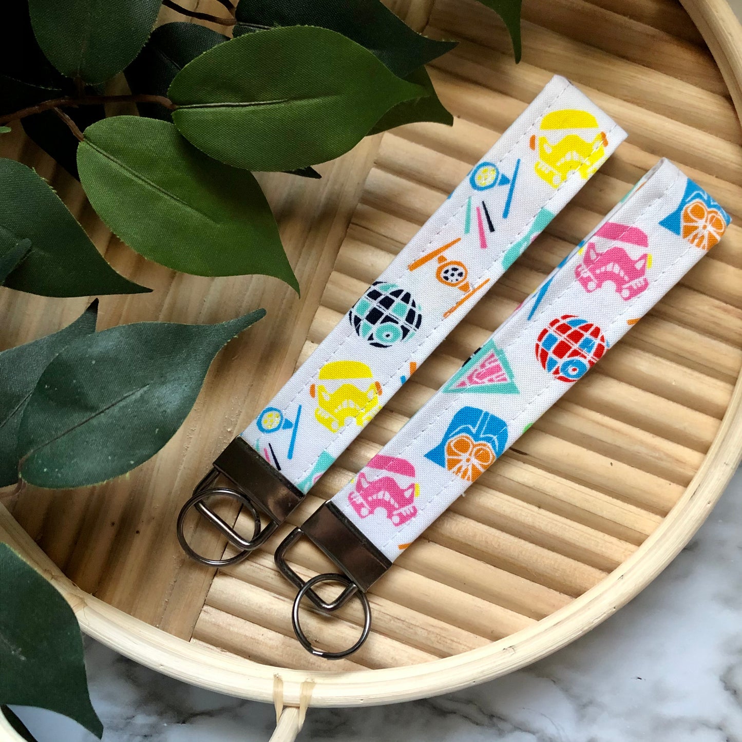 Colorful Star Wars Icons Print Fabric Wristlet Keychain, Key Fob