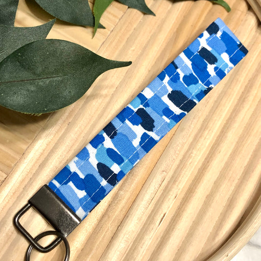 Blue Swatches Print Fabric Wristlet Keychain, Key Fob