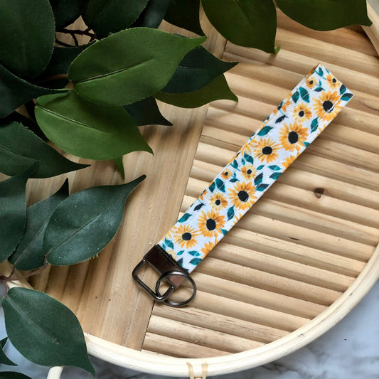 Bold Sunflower Print Fabric Wristlet Keychain, Key Fob