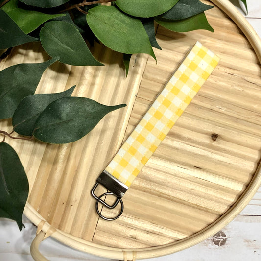 Yellow Gingham Print Fabric Wristlet Keychain, Key Fob