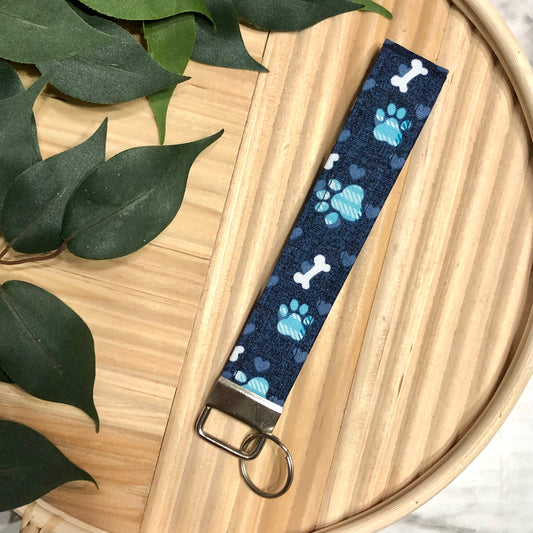 Blue Pup Print Fabric Wristlet Keychain, Key Fob
