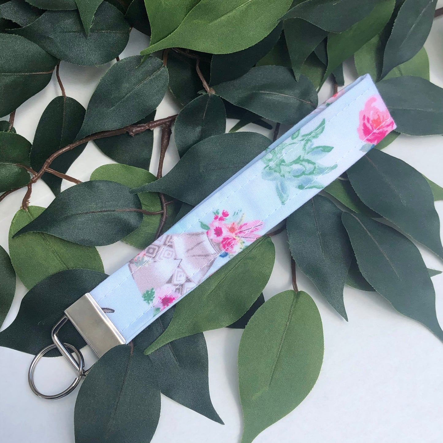 Boho Floral Cow Skull Fabric Wristlet Keychain, Key Fob