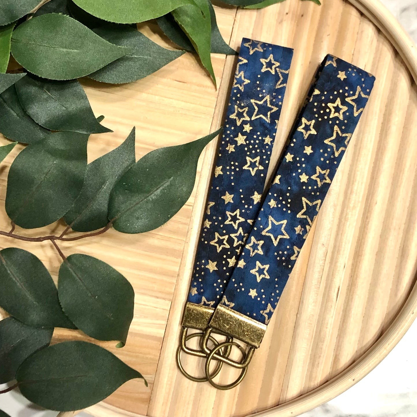 Patriotic Dark Navy & Gold Stars Print Fabric Wristlet Keychain, Key Fob