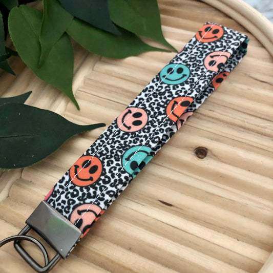 Cheetah Smiley Print Fabric Wristlet Keychain, Key Fob