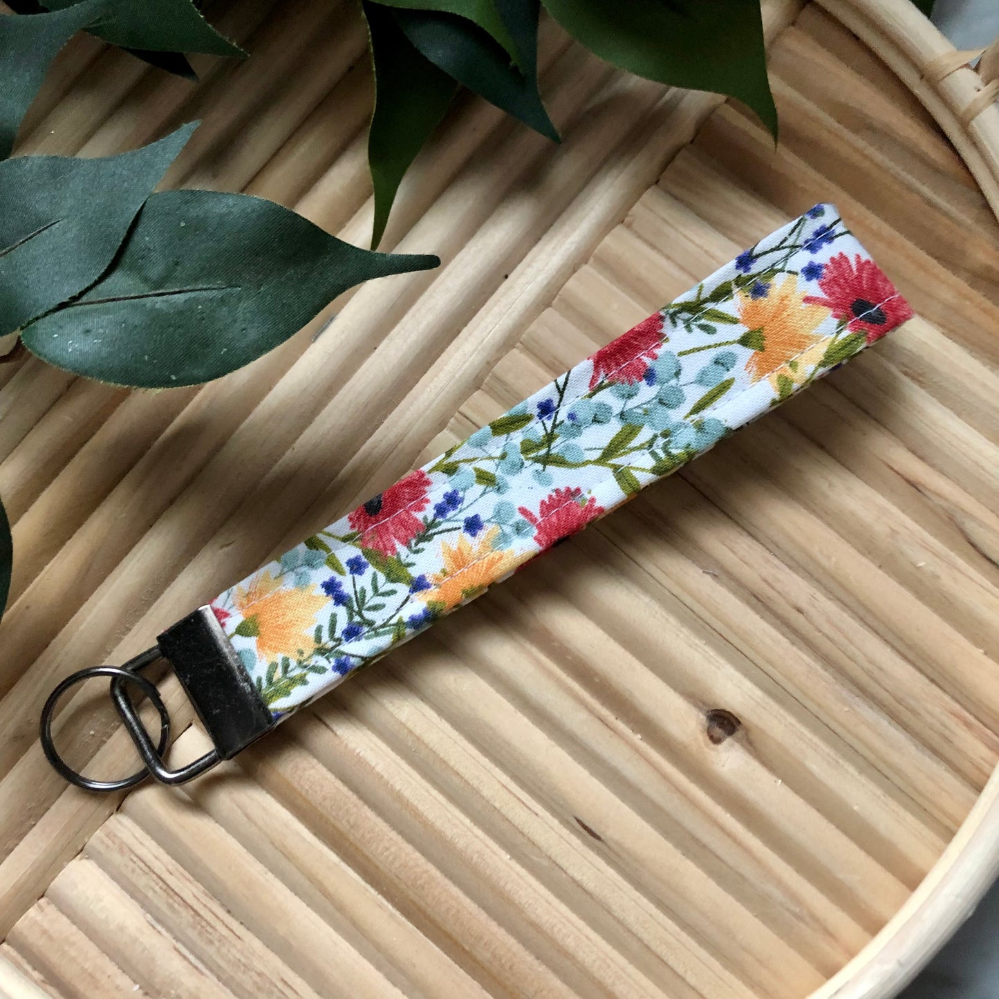 Wildflower Print Fabric Wristlet Keychain, Key Fob