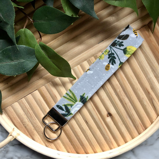 Grey Bumble Bee Floral Print Fabric Wristlet Keychain, Key Fob