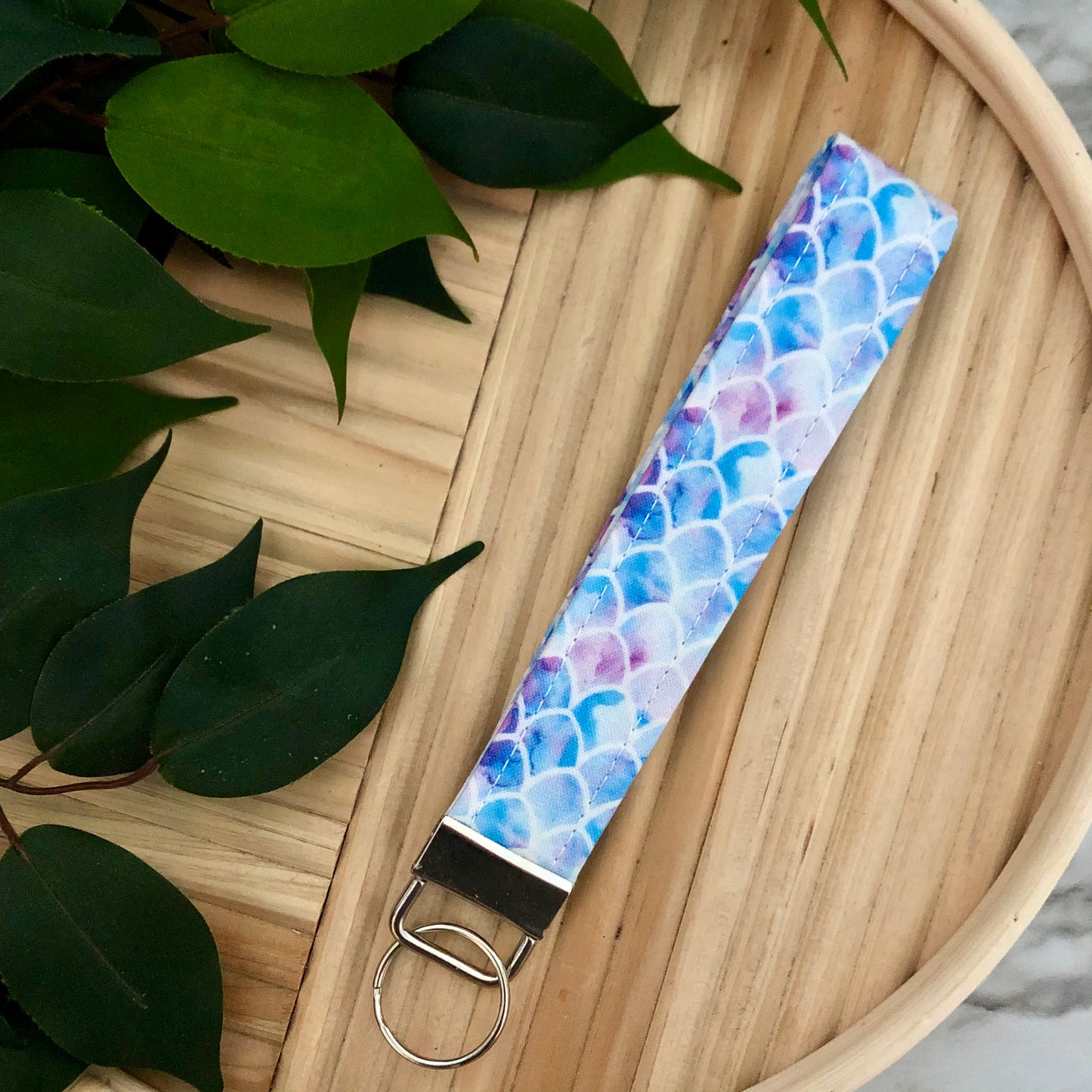 Watercolor Mermaid Scale Print Fabric Wristlet Keychain, Key Fob