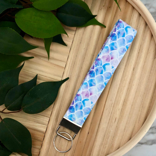 Watercolor Mermaid Scale Print Fabric Wristlet Keychain, Key Fob