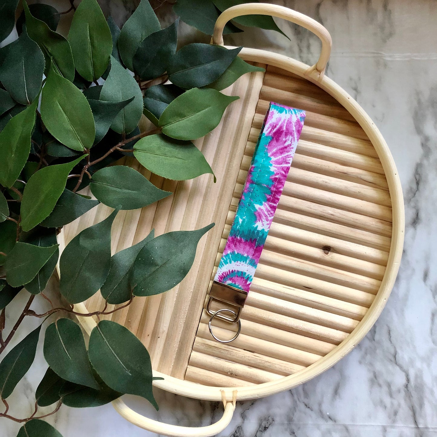 Magenta, Teal, and White Tie Dye Print Wristlet Keychain, Key Fob