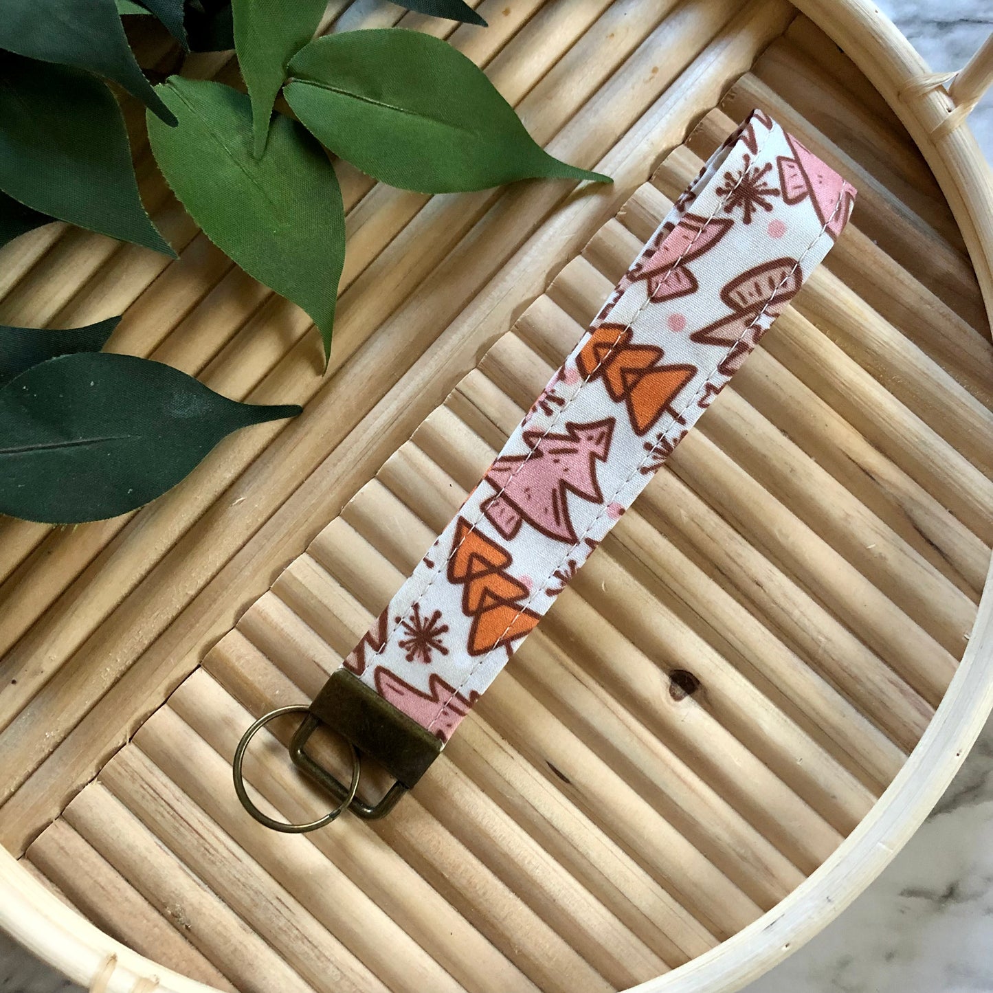 Pink Boho Tree Print Fabric Keychain, Key Fob