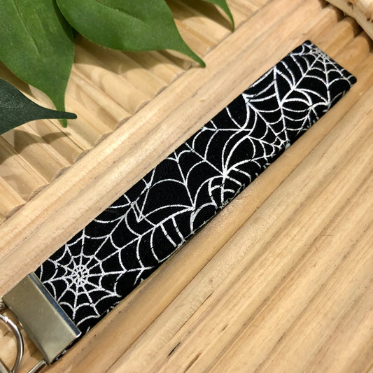 Silver Metallic Spider Web Print Fabric Keychain, Key Fob