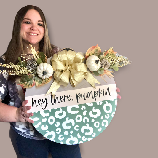 Hey There, Pumpkin Fall Door Hanger Sign, 18” Wood Door Hanger