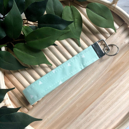 Mint Green and White Triangle Print Fabric Wristlet Keychain, Key Fob