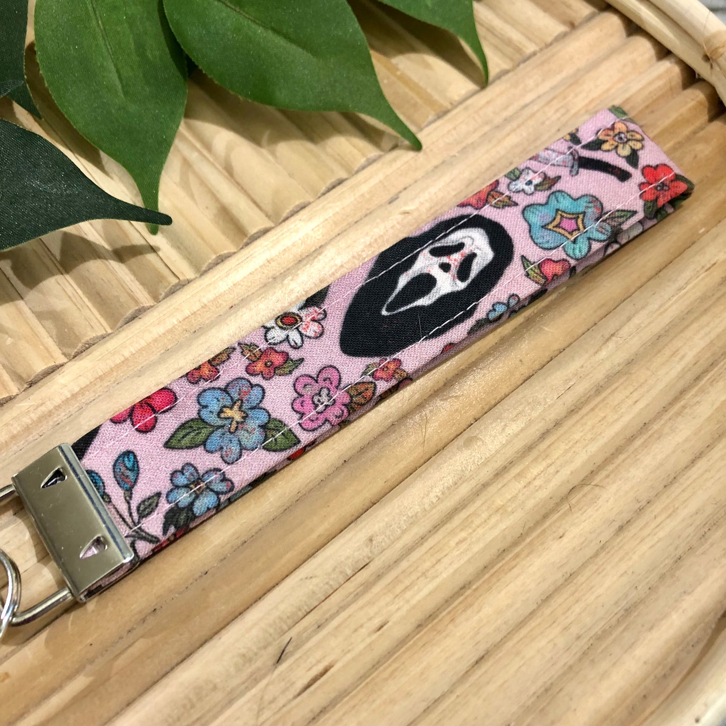 Ghost Face Floral Print Fabric Keychain, Key Fob