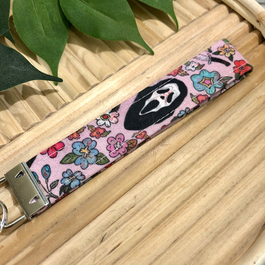 Ghost Face Floral Print Fabric Keychain, Key Fob