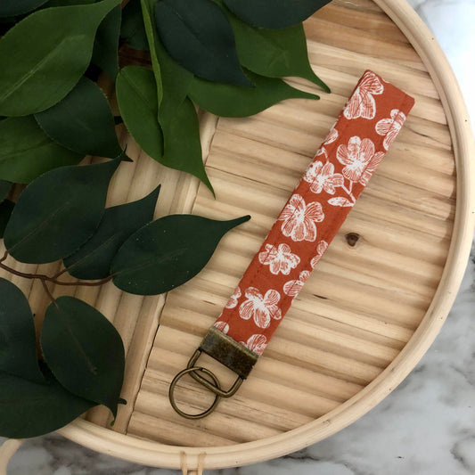 Rust Fall Floral Print Fabric Wristlet Keychain, Key Fob