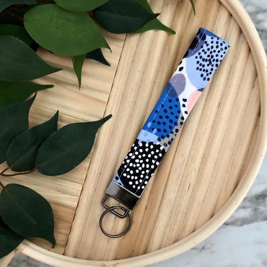 Blue Geo Print Fabric Wristlet Keychain, Key Fob