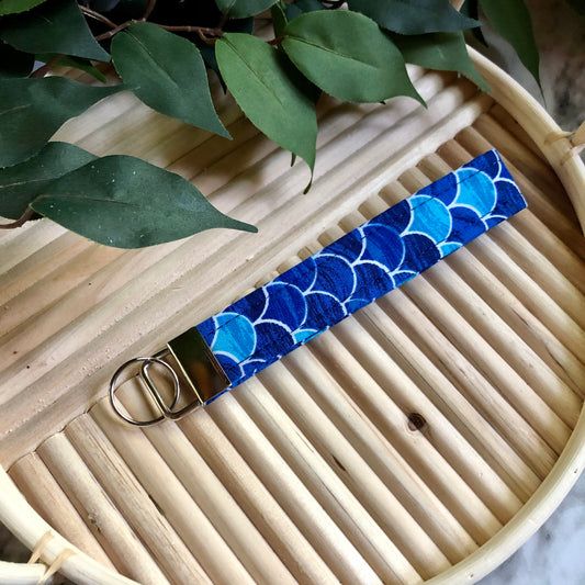 Blue Mermaid Scale Print Fabric Keychain, Key Fob