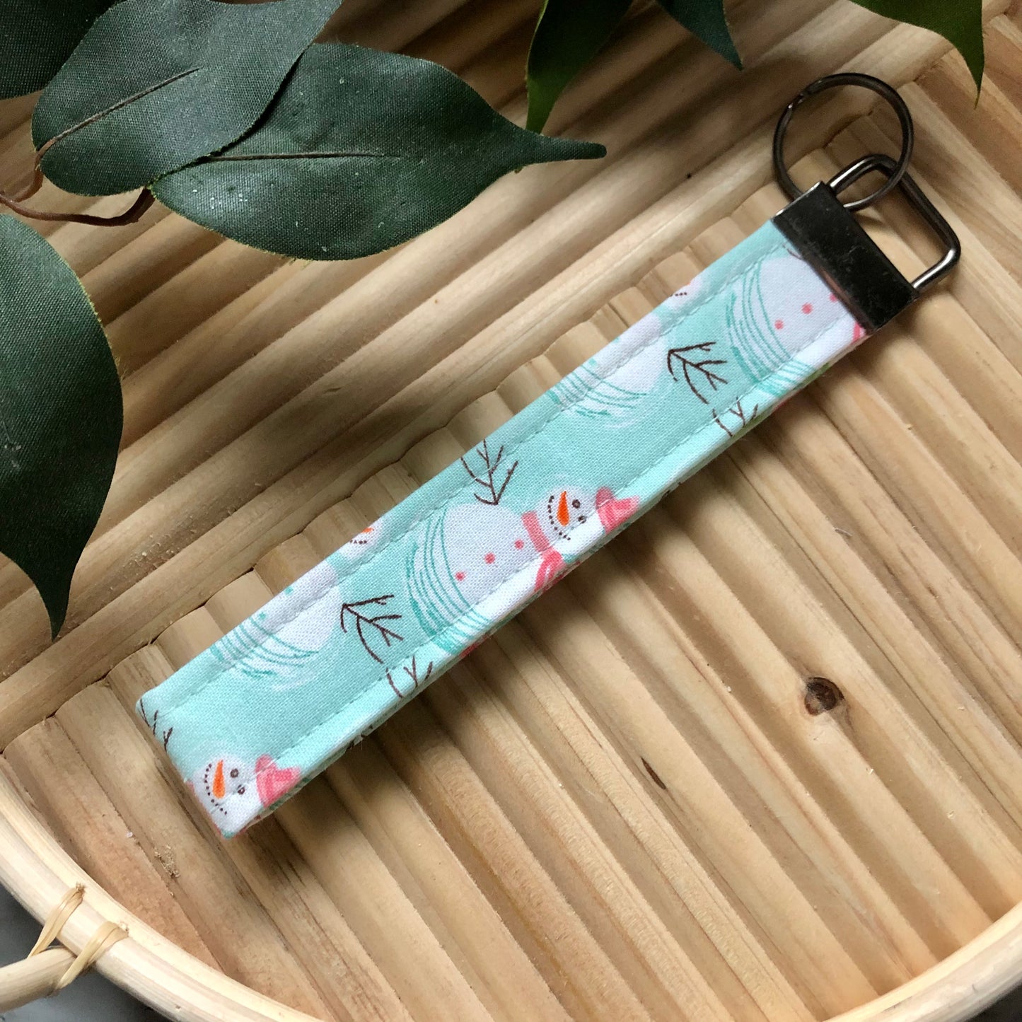 Happy Snowman Print Fabric Wristlet Keychain, Key Fob