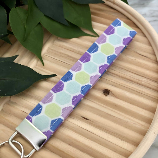 Purple Honeycomb Print Fabric Wristlet Keychain, Key Fob