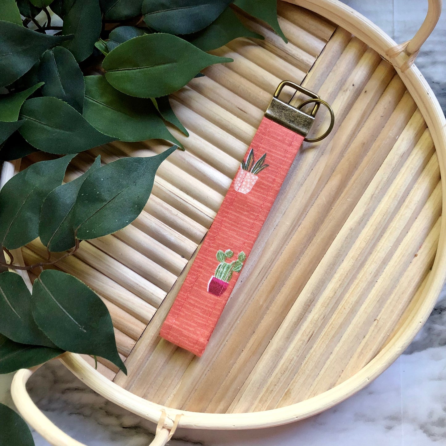 Potted Plants Print Fabric Wristlet Keychain, Key Fob