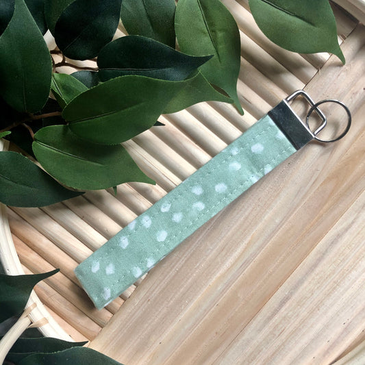 Green and White Dot Print Fabric Wristlet Keychain, Key Fob