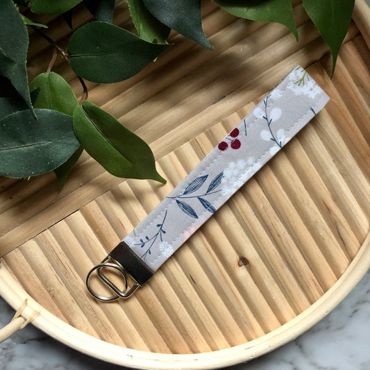 Grey Floral Print Fabric Wristlet Keychain, Key Fob