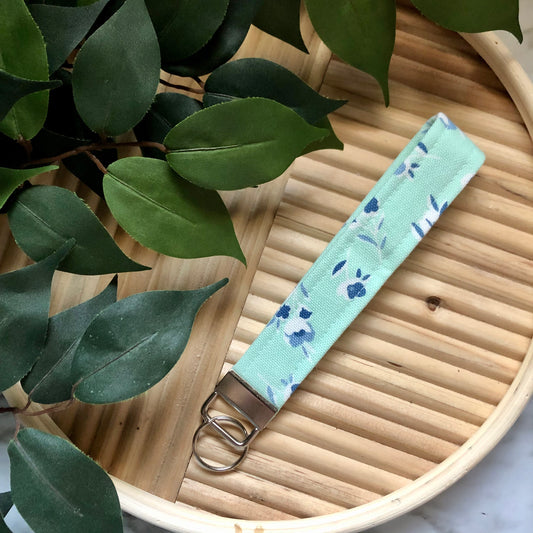 Aqua Simple Floral Print Fabric Wristlet Keychain, Key Fob