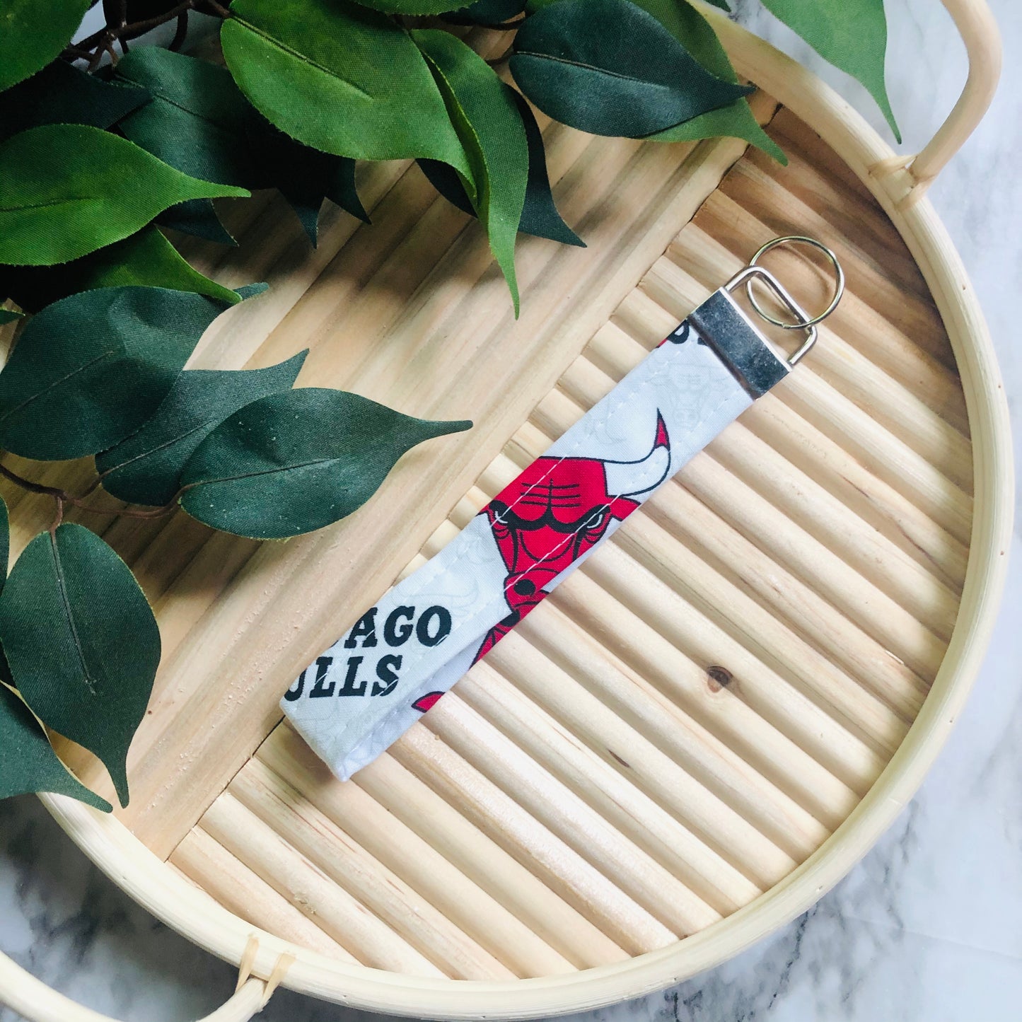 Chicago Bulls Basketball Print Fabric Wristlet Keychain, Key Fob